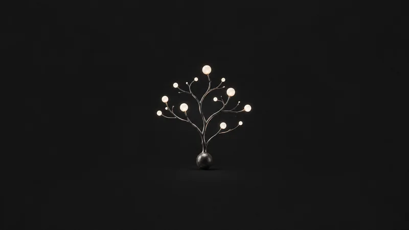 Abstract a branching tree of soft-lit nodes growing from a single seed point motif centred on a seamless deep charcoal near-black studio background, generous empty margin for overlaid branding