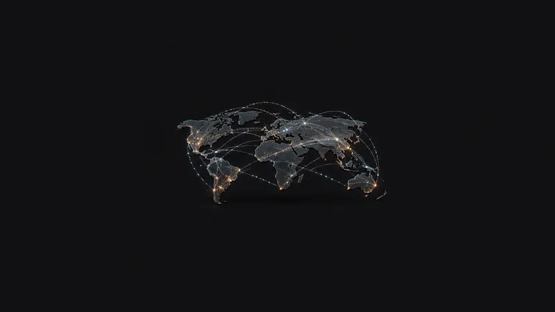 Abstract layered arcs of moving points tracing shipping lanes across a dark plane motif centred on a seamless deep charcoal near-black studio background, generous empty margin for overlaid branding
