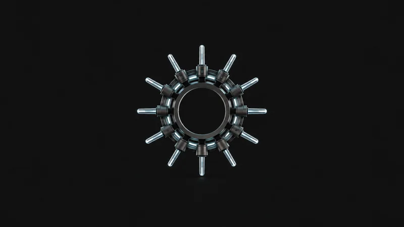 Abstract a ring of glowing antenna spokes around a hollow central hub motif centred on a seamless deep charcoal near-black studio background, generous empty margin for overlaid branding