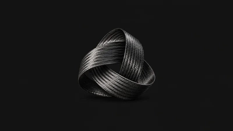 Abstract a swept carbon-weave pattern of overlapping fibre tows motif centred on a seamless deep charcoal near-black studio background, generous empty margin for overlaid branding