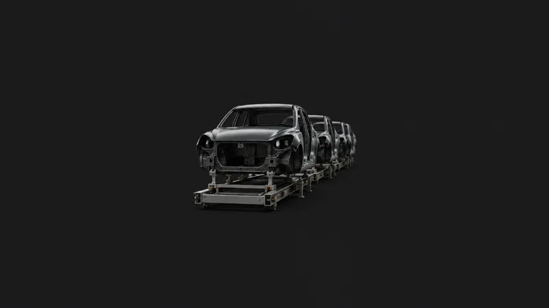 Abstract a receding row of car silhouettes on a conveyor motif centred on a seamless deep charcoal near-black studio background, generous empty margin for overlaid branding