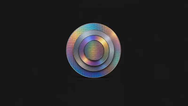 Abstract concentric wafer rings of thin-film colour motif centred on a seamless deep charcoal near-black studio background, generous empty margin for overlaid branding
