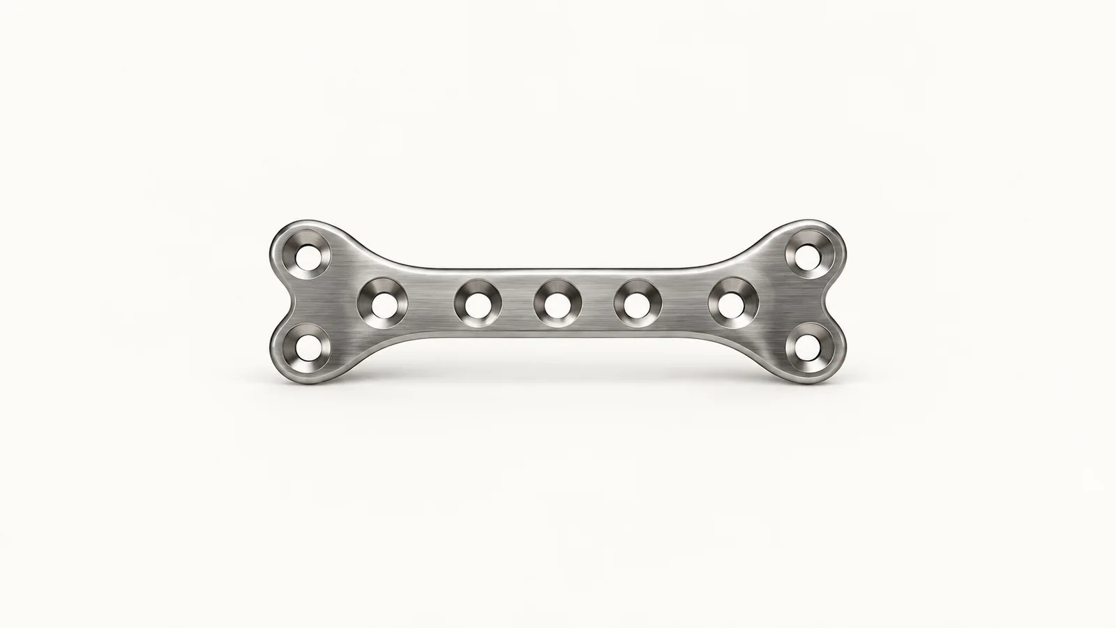 Abstract a pattern of bone-plate screw holes in brushed steel motif centred on a seamless pale off-white studio background, generous empty margin for overlaid branding
