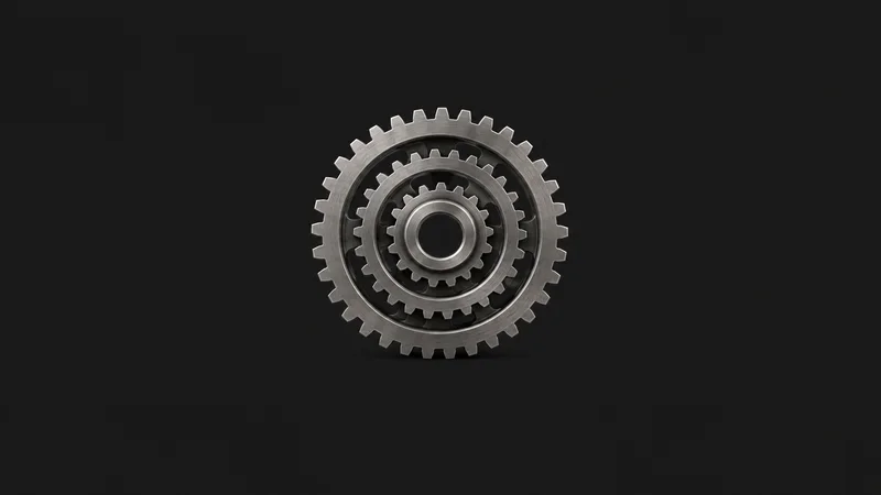 Abstract a nested set of gear-tooth rings in matte steel motif centred on a seamless deep charcoal near-black studio background, generous empty margin for overlaid branding