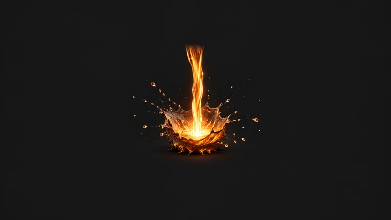 Abstract a stream of molten metal splashing into orange sparks motif centred on a seamless deep charcoal near-black studio background, generous empty margin for overlaid branding