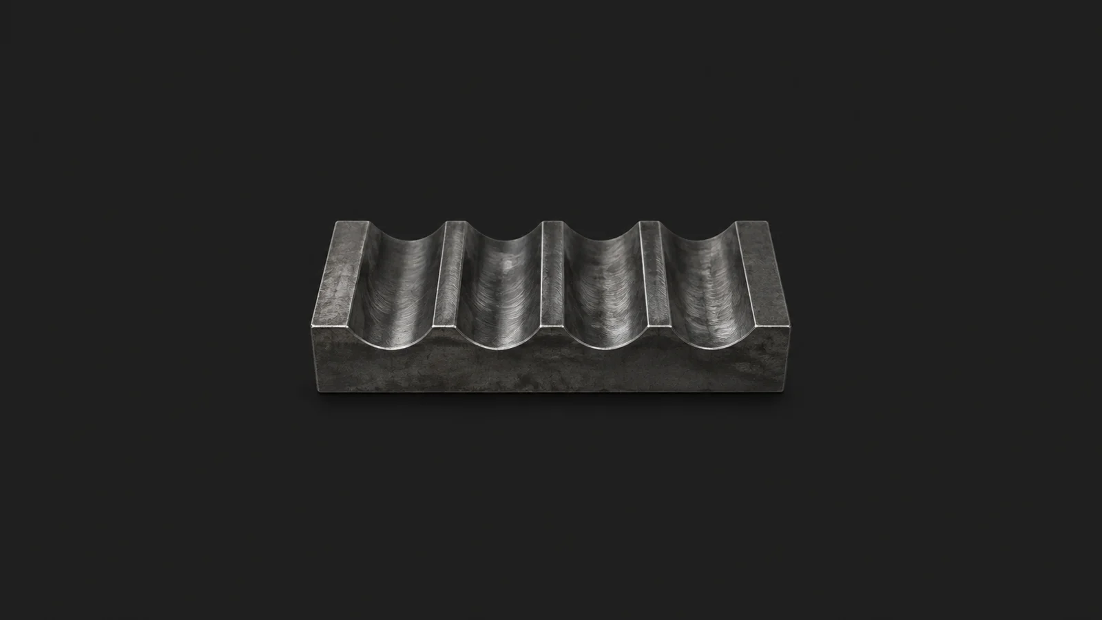 Abstract a machined ripple pattern of hand-scraped ways motif centred on a seamless deep charcoal near-black studio background, generous empty margin for overlaid branding