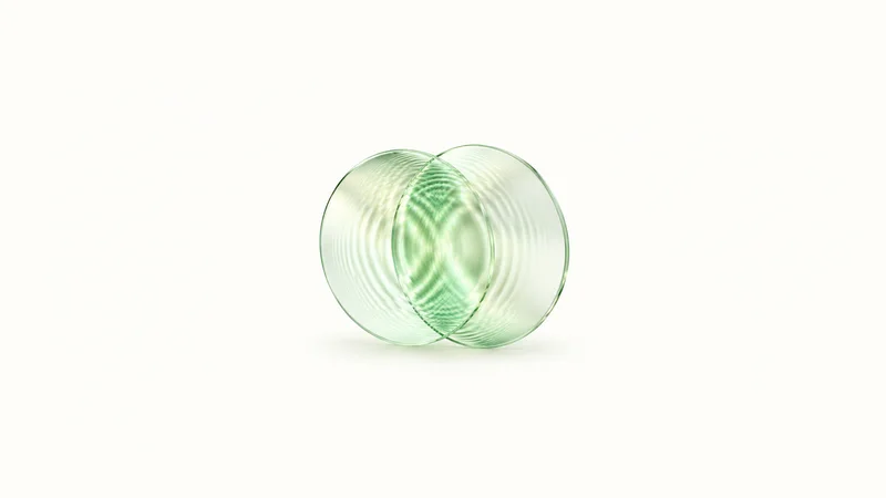 Abstract overlapping interference fringes in pale green motif centred on a seamless pale off-white studio background, generous empty margin for overlaid branding