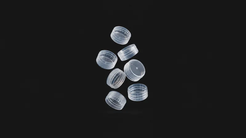 Abstract a cascade of translucent bottle caps tumbling in cool light motif centred on a seamless deep charcoal near-black studio background, generous empty margin for overlaid branding