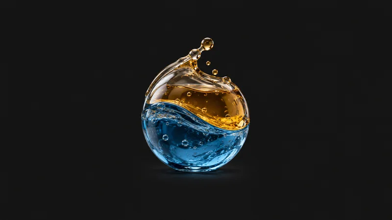 Abstract swirling immiscible liquids in blue and amber layers motif centred on a seamless deep charcoal near-black studio background, generous empty margin for overlaid branding