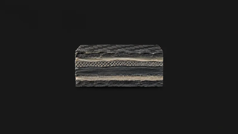 Abstract a cross-section of layered plies rendered as thin bands motif centred on a seamless deep charcoal near-black studio background, generous empty margin for overlaid branding
