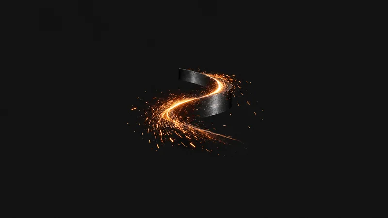 Abstract a river of sparks curving through darkness motif centred on a seamless deep charcoal near-black studio background, generous empty margin for overlaid branding