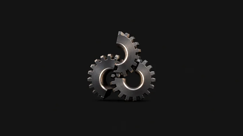 Abstract interlocking gear teeth rendered as glowing arcs motif centred on a seamless deep charcoal near-black studio background, generous empty margin for overlaid branding
