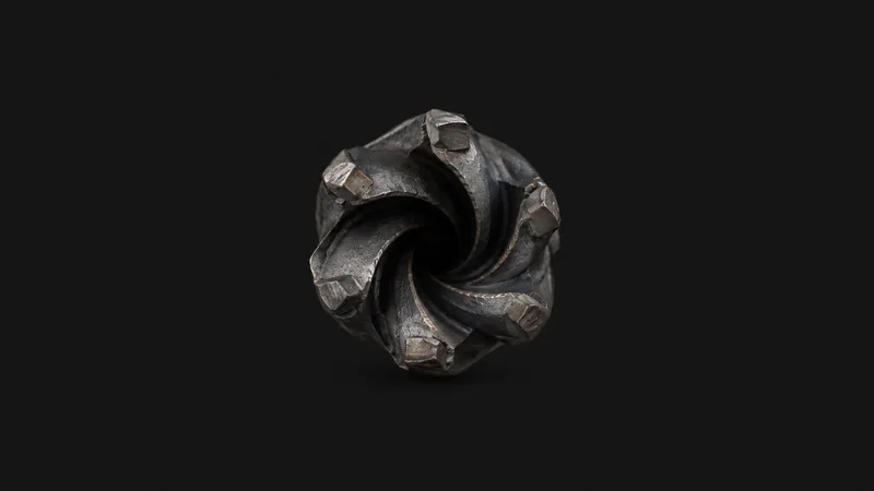 Abstract spiralling drill-bit flutes receding into shadow motif centred on a seamless deep charcoal near-black studio background, generous empty margin for overlaid branding