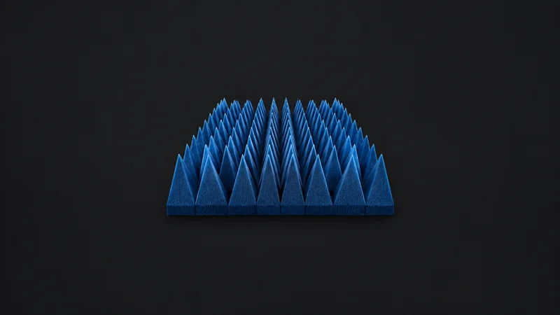 Abstract a field of blue foam pyramids receding to a point motif centred on a seamless deep charcoal near-black studio background, generous empty margin for overlaid branding