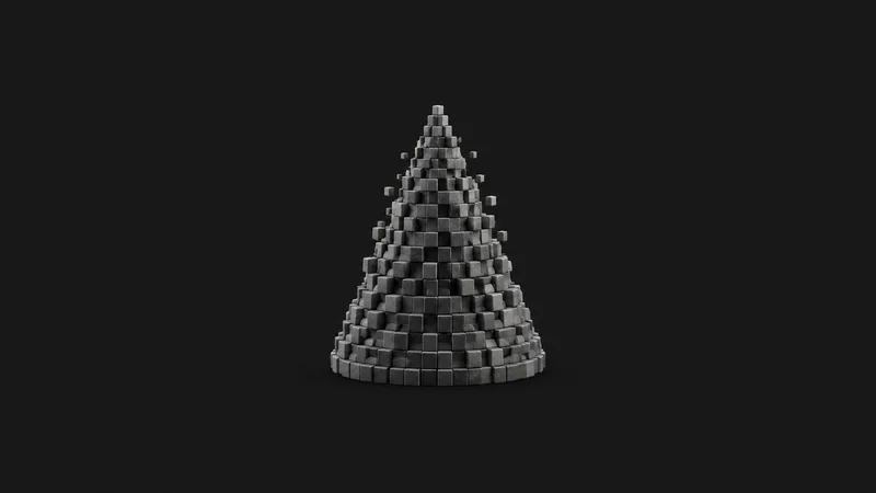 Abstract a voxel cloud of tiny cubes assembling into a cone motif centred on a seamless deep charcoal near-black studio background, generous empty margin for overlaid branding