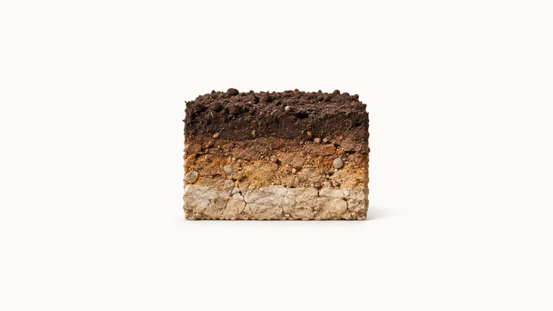 Abstract a soil-horizon cross-section banded from dark loam to pale clay motif centred on a seamless pale off-white studio background, generous empty margin for overlaid branding