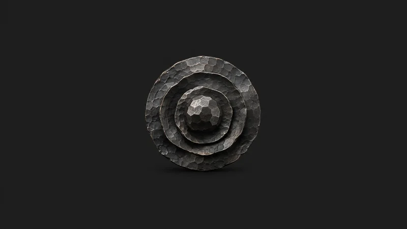 Abstract a scale-textured hammered iron surface with concentric facets motif centred on a seamless deep charcoal near-black studio background, generous empty margin for overlaid branding