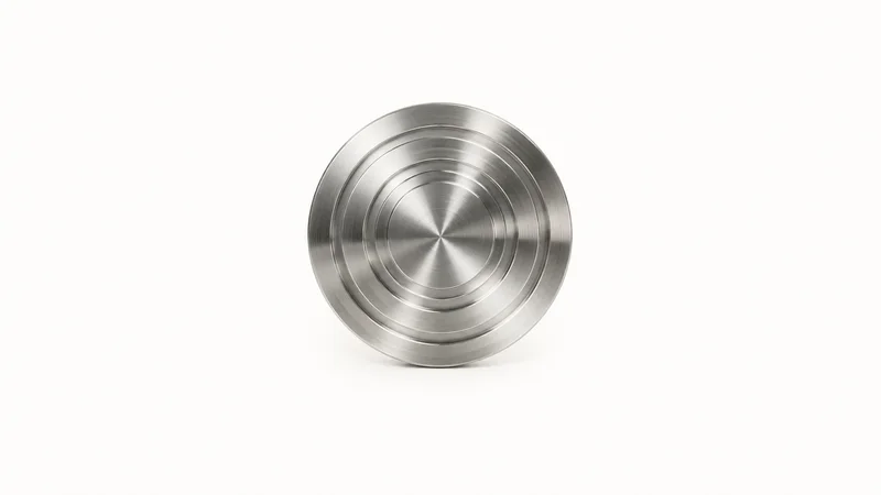Abstract a nested set of concentric turned grooves on a polished steel disc motif centred on a seamless pale off-white studio background, generous empty margin for overlaid branding
