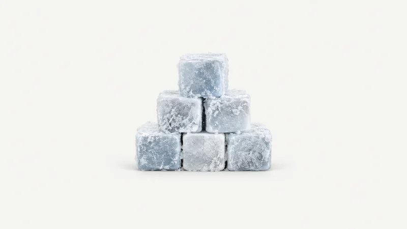 Abstract a cascade of rime-coated cubes in stacked rows motif centred on a seamless pale off-white studio background, generous empty margin for overlaid branding
