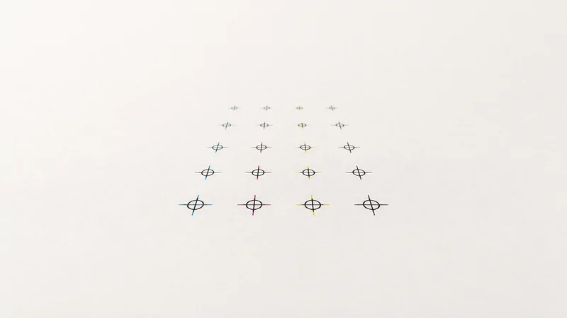 Abstract a spread of registration cross-marks receding into perspective motif centred on a seamless pale off-white studio background, generous empty margin for overlaid branding