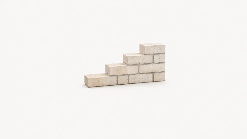 Abstract a stepped stack of stretcher-bond brick courses rising diagonally motif centred on a seamless pale off-white studio background, generous empty margin for overlaid branding