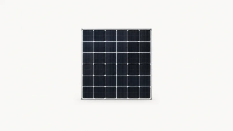 Abstract a tessellated field of dark solar-cell squares with silver seams motif centred on a seamless pale off-white studio background, generous empty margin for overlaid branding