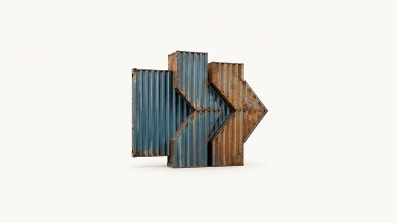 Abstract a grid of corrugated steel ribs shifting through blue and rust tones motif centred on a seamless pale off-white studio background, generous empty margin for overlaid branding