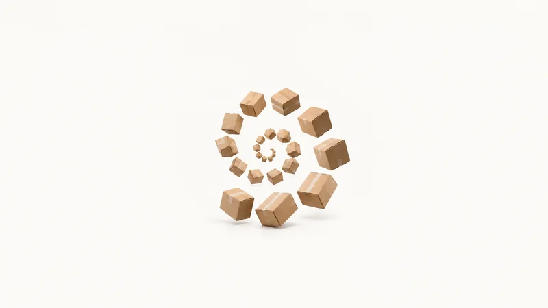 Abstract a scattering of cardboard box silhouettes in a spiral pattern motif centred on a seamless pale off-white studio background, generous empty margin for overlaid branding