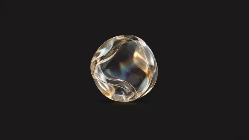 Abstract a translucent bubble of glass refracting a soft spectrum motif centred on a seamless deep charcoal near-black studio background, generous empty margin for overlaid branding