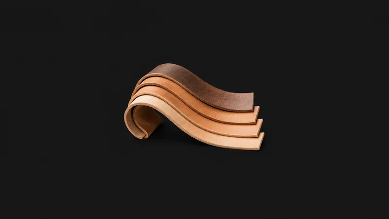 Abstract a stack of leather strips fanned into a curve of graded tan tones motif centred on a seamless deep charcoal near-black studio background, generous empty margin for overlaid branding