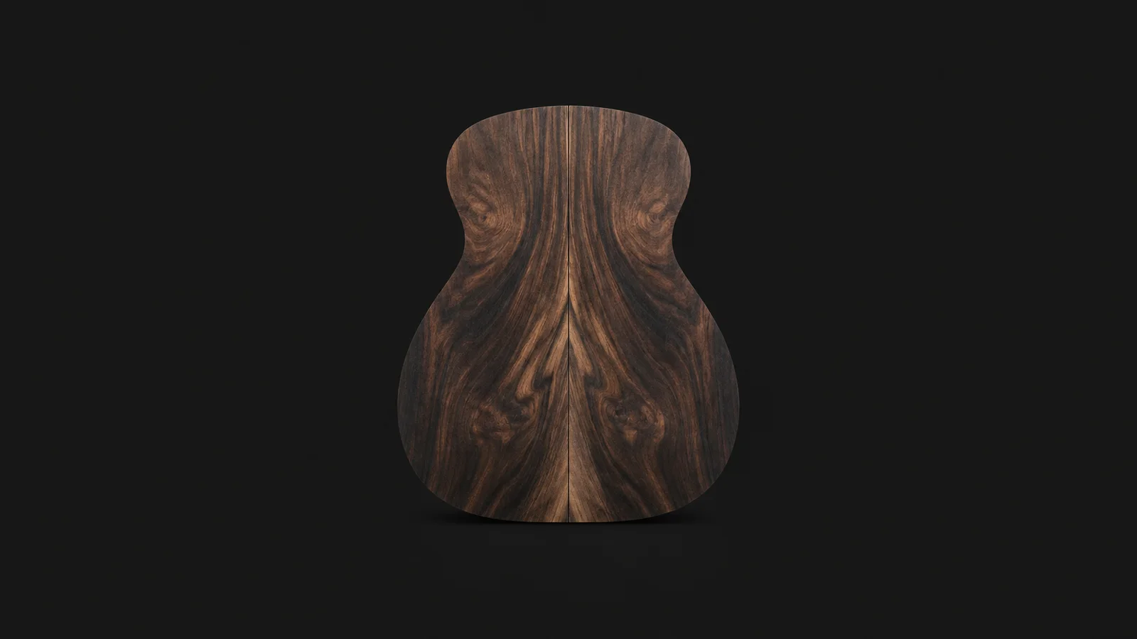 Abstract a bookmatched wood-grain mirror image radiating from a centre seam motif centred on a seamless deep charcoal near-black studio background, generous empty margin for overlaid branding