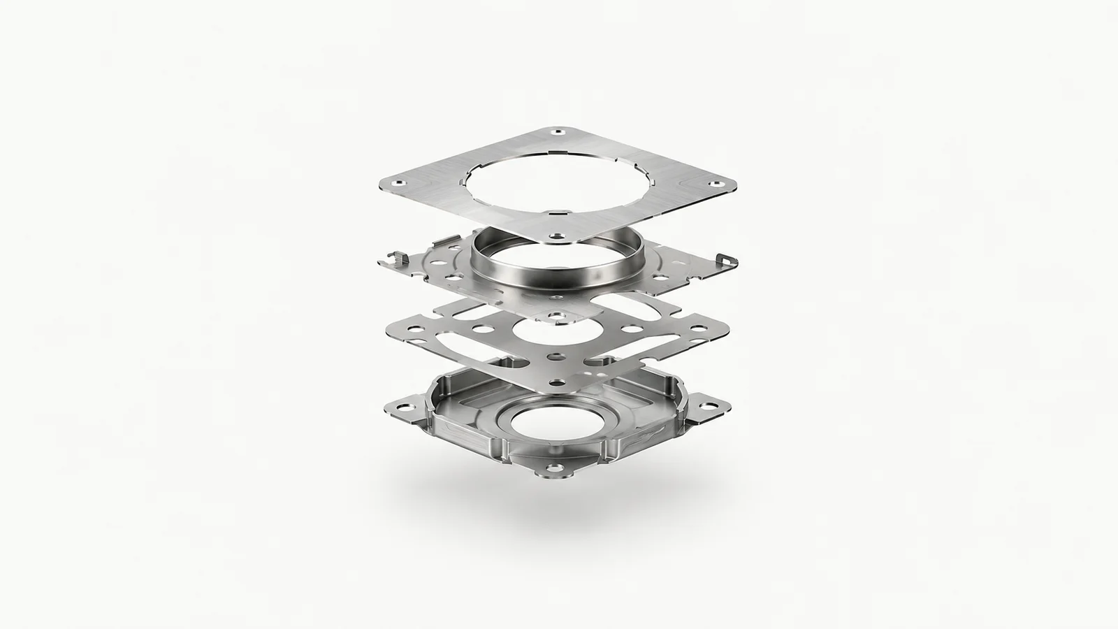 Abstract an exploded stack of stamped metal layers hovering in alignment motif centred on a seamless pale off-white studio background, generous empty margin for overlaid branding