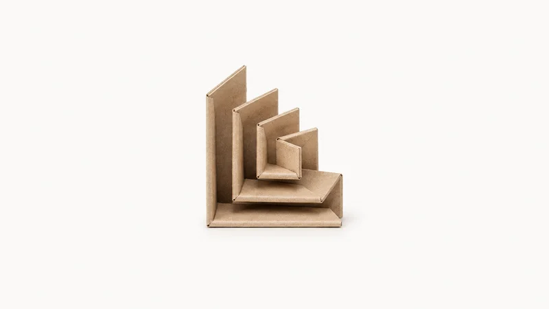 Abstract a stepped stack of nested carton corners spiralling inward motif centred on a seamless pale off-white studio background, generous empty margin for overlaid branding