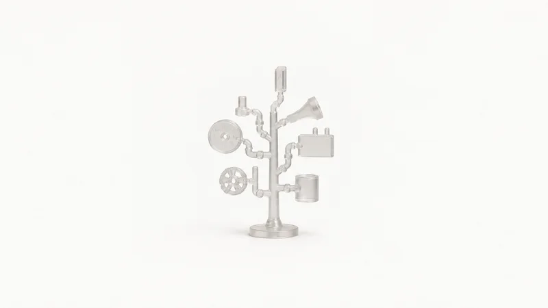 Abstract a branching sprue-and-runner tree of translucent resin motif centred on a seamless pale off-white studio background, generous empty margin for overlaid branding