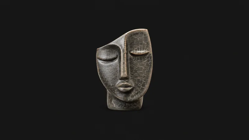 Abstract a crazed glaze crackle pattern across a smooth ceramic face motif centred on a seamless deep charcoal near-black studio background, generous empty margin for overlaid branding