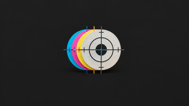 Abstract a cascade of registration crosshairs in offset colours motif centred on a seamless deep charcoal near-black studio background, generous empty margin for overlaid branding