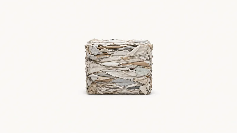 Abstract strata of layered baled paper edges in cross-section motif centred on a seamless pale off-white studio background, generous empty margin for overlaid branding