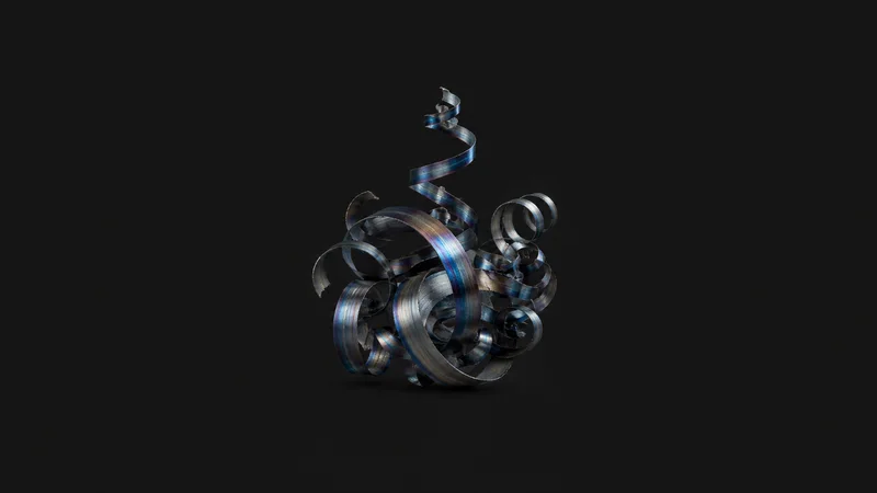 Abstract a bloom of blue-tempered steel swarf curling upward motif centred on a seamless deep charcoal near-black studio background, generous empty margin for overlaid branding