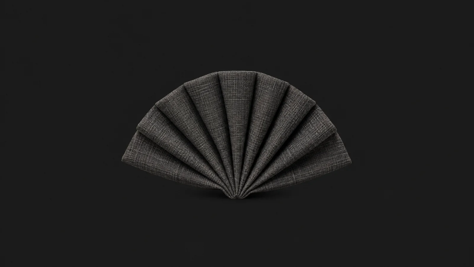 Abstract a pleated fan of upholstery fabric gathering to a point motif centred on a seamless deep charcoal near-black studio background, generous empty margin for overlaid branding