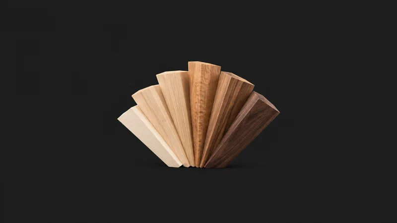 Abstract a fan of timber offcuts in graduated grain tones motif centred on a seamless deep charcoal near-black studio background, generous empty margin for overlaid branding