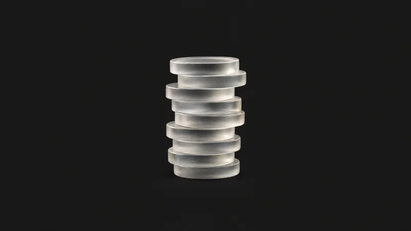 Abstract a column of stacked coins rendered as frosted discs motif centred on a seamless deep charcoal near-black studio background, generous empty margin for overlaid branding