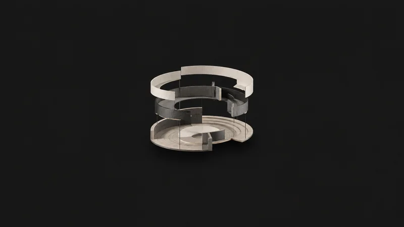 Abstract concentric arcs of a drafted plan floating in layers motif centred on a seamless deep charcoal near-black studio background, generous empty margin for overlaid branding