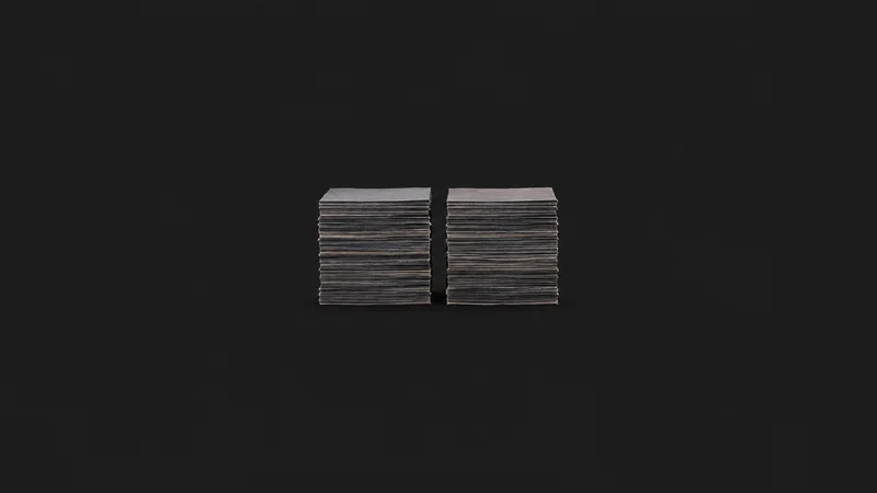 Abstract a balance of two soft-lit stacks rising to the same height motif centred on a seamless deep charcoal near-black studio background, generous empty margin for overlaid branding
