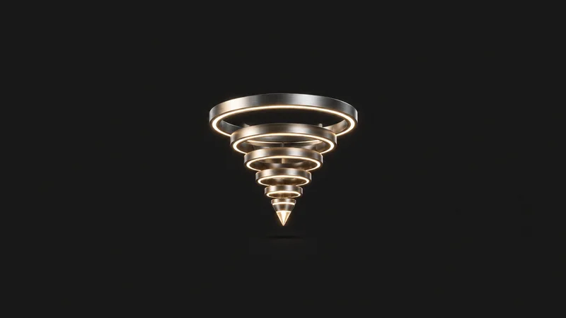 Abstract a funnel of narrowing luminous rings tapering to a point motif centred on a seamless deep charcoal near-black studio background, generous empty margin for overlaid branding