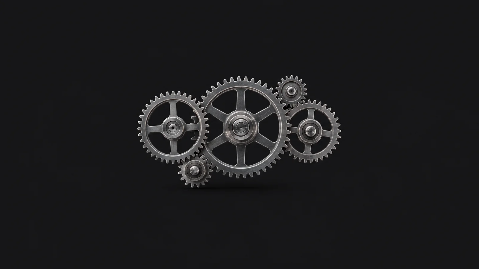 Abstract a set of interlocking gears drawn in fine lines of light motif centred on a seamless deep charcoal near-black studio background, generous empty margin for overlaid branding