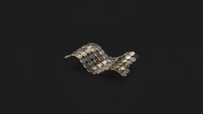 Abstract a rippling sheet of coins rendered as luminous translucent discs motif centred on a seamless deep charcoal near-black studio background, generous empty margin for overlaid branding