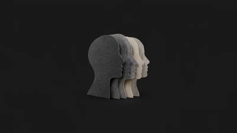 Abstract a stack of layered profile silhouettes fanned outward motif centred on a seamless deep charcoal near-black studio background, generous empty margin for overlaid branding