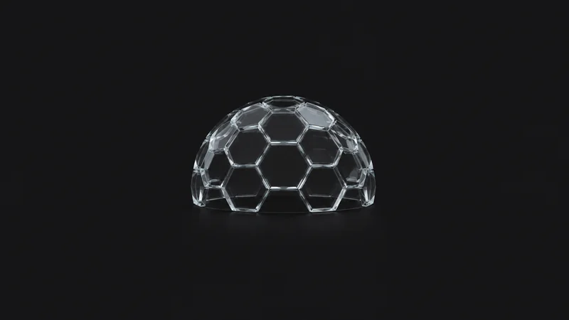Abstract a lattice of glass hexagons forming a protective dome motif centred on a seamless deep charcoal near-black studio background, generous empty margin for overlaid branding