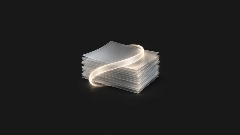 Abstract a stack of frosted certificate-like sheets with a ribbon of light motif centred on a seamless deep charcoal near-black studio background, generous empty margin for overlaid branding