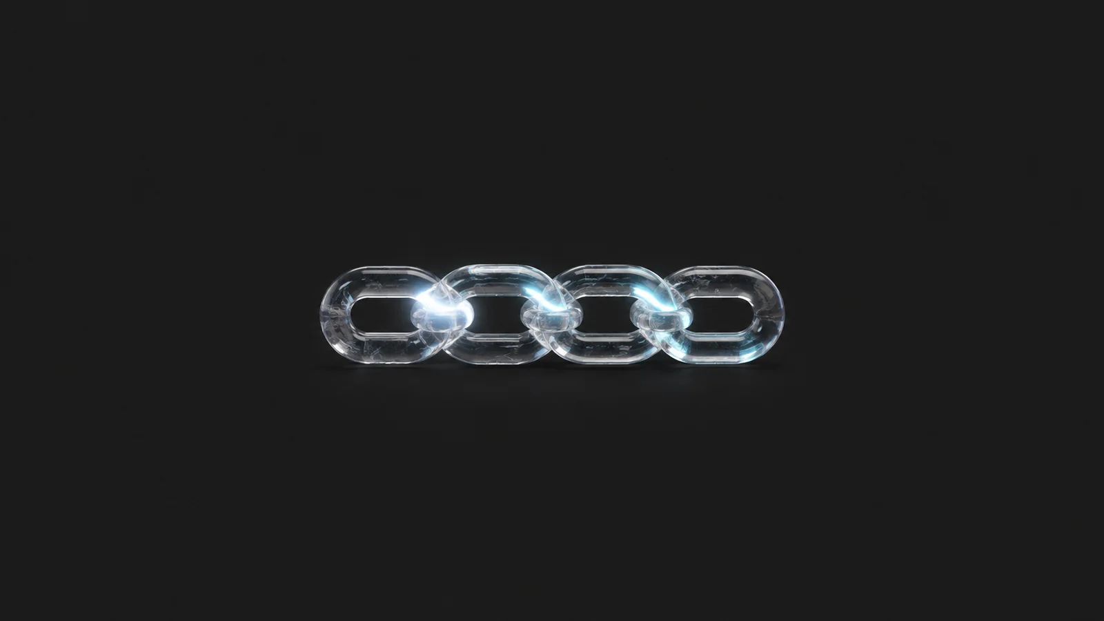 Abstract a steady pulse of light travelling down a chain of translucent links motif centred on a seamless deep charcoal near-black studio background, generous empty margin for overlaid branding
